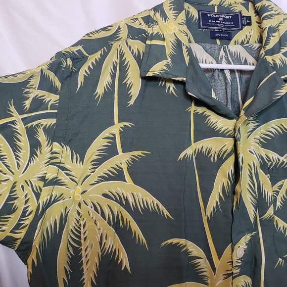 Vintage Polo Sport Hawaiian Shirt Rayon Large Palm Trees Green - Picture 4 of 7